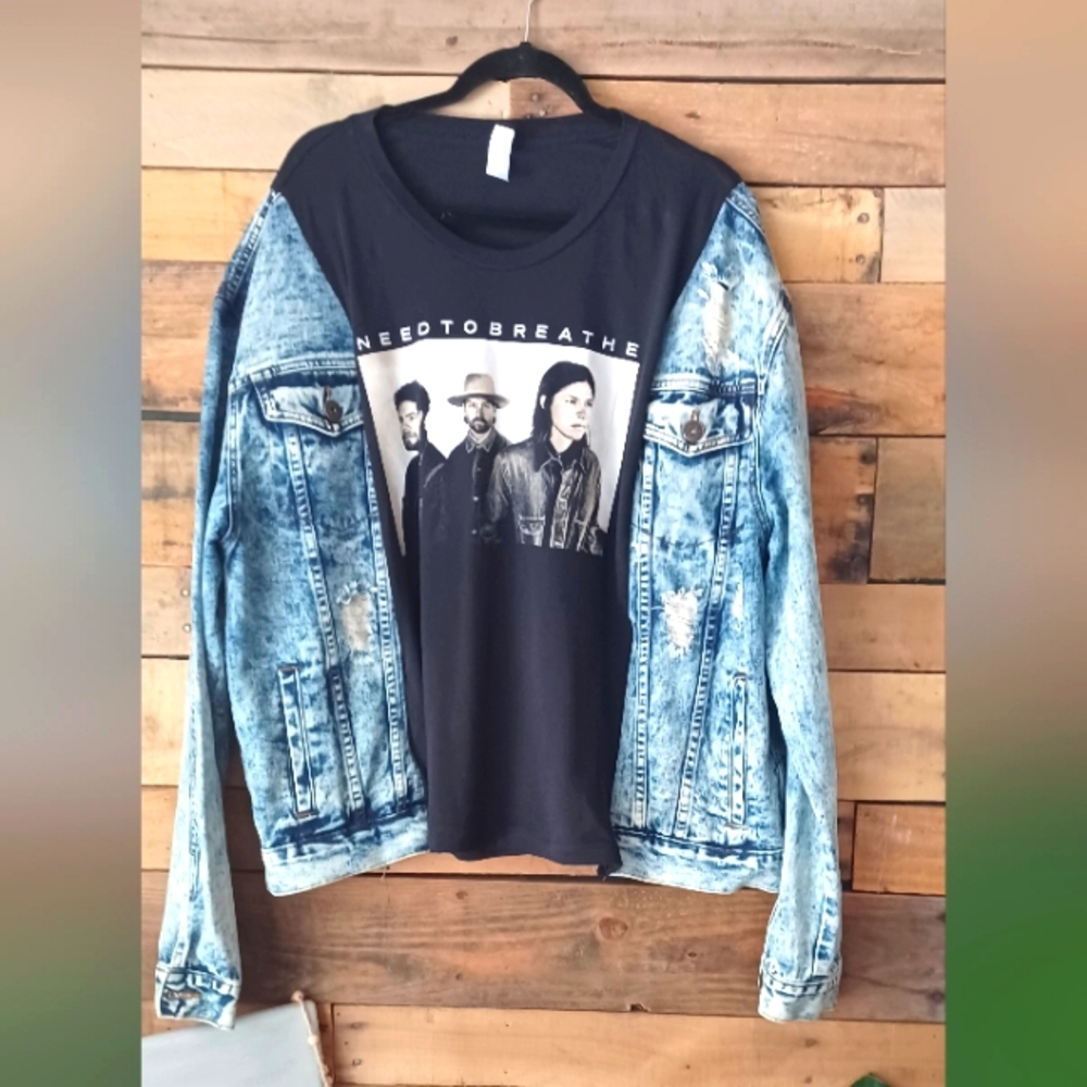 Upcycled Black Graphic Rock Band   Shirt with Denim Sleeves